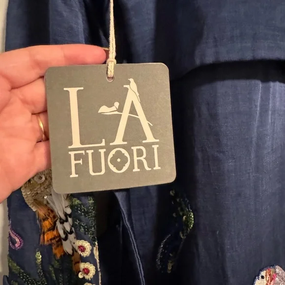 La Fuori Embroidered and Beaded Blue Long Coat - Picture 7 of 7